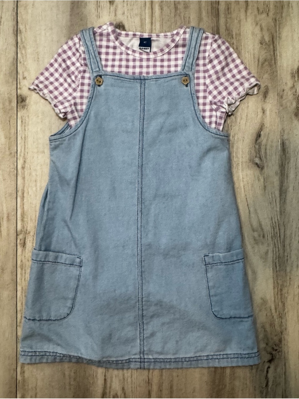 Old Navy Light Blue Denim Pinafore with Purple Gingham Tee